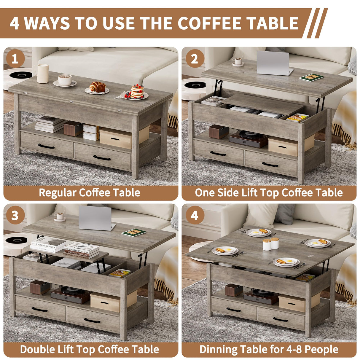 SYESWAY 42'' Lift Top Coffee Table, 4-in-1 Multifunctional Lift Coffee Table with Storage & Hidden Compartments, Farmhouse Coffe Table with Lifting top for Living Room, Dining Reception Room, Grey SYESWAY