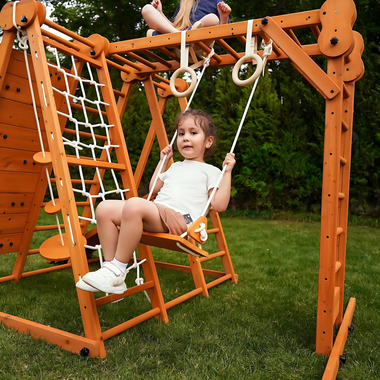 Avenlur 8-in-1 Small Indoor/Outdoor Playset – Foldable Wooden Kids Play Set for Backyard – Kid Playground for Toddlers Age 2–6 with Slide, Monkey Bars, 2 Ladders, 2 Swings, Rock Climbing, Gym Rings Avenlur