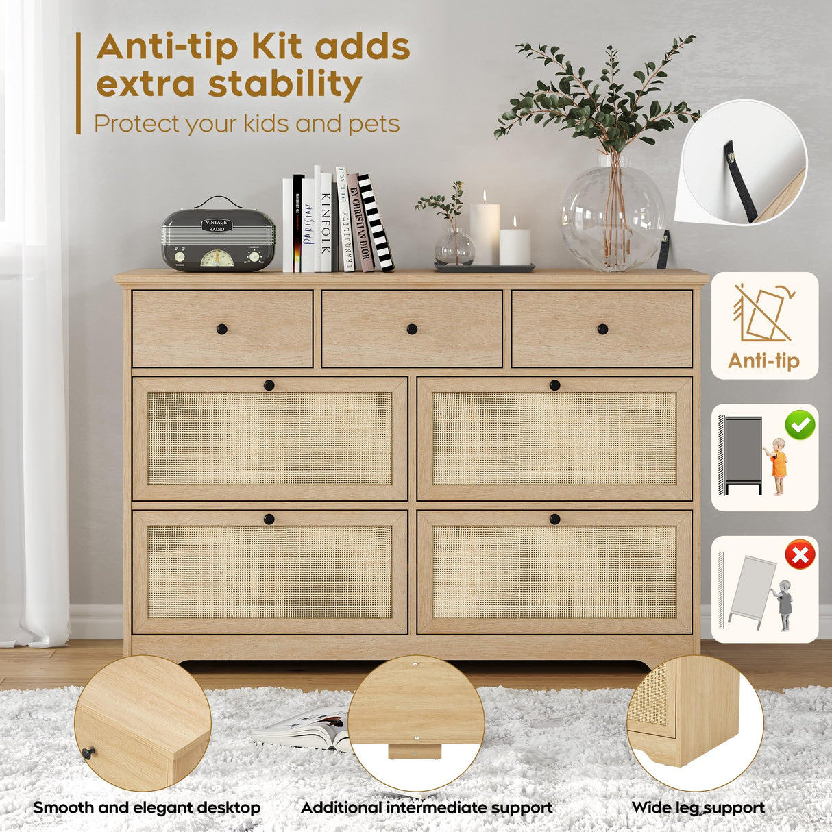 Brafab Mid-Century Natural Rattan Dresser with 7 Drawers, Elegant Cane Dresser for Bedroom Wooden, Modern Boho Long Dressers Drawer Dresser TV Stand with Sturdy Stand for Living Room, Nursery Brafab