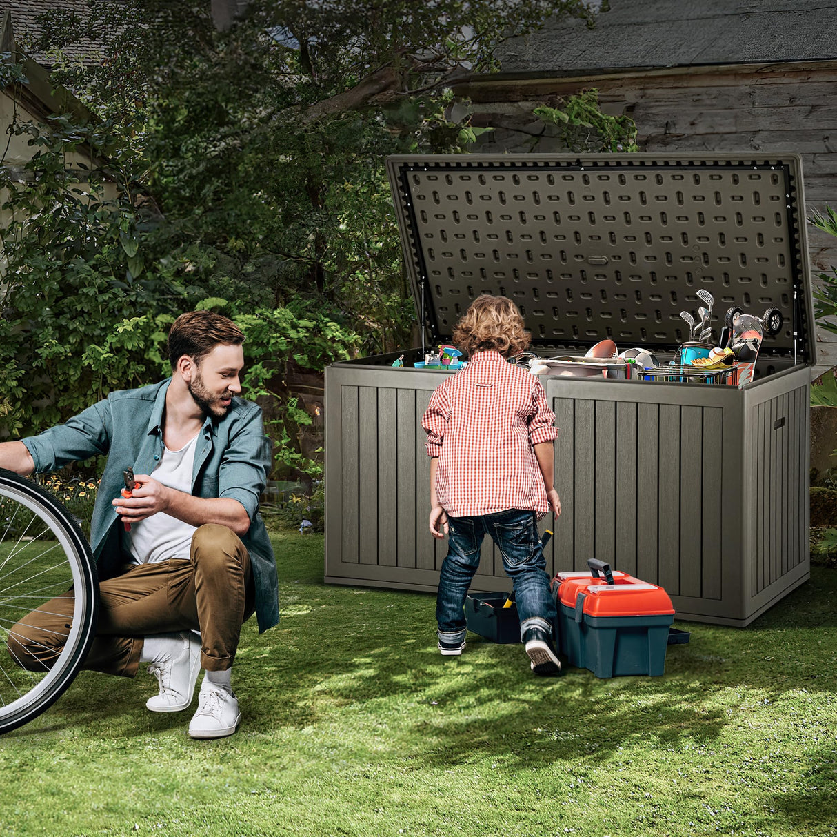 YITAHOME XXL 230 Gallon Large Deck Box,Outdoor Storage for Patio Furniture Cushions,Garden Tools and Pool Toys with Flexible Divider,Waterproof,Lockable (Light Brown) YITAHOME