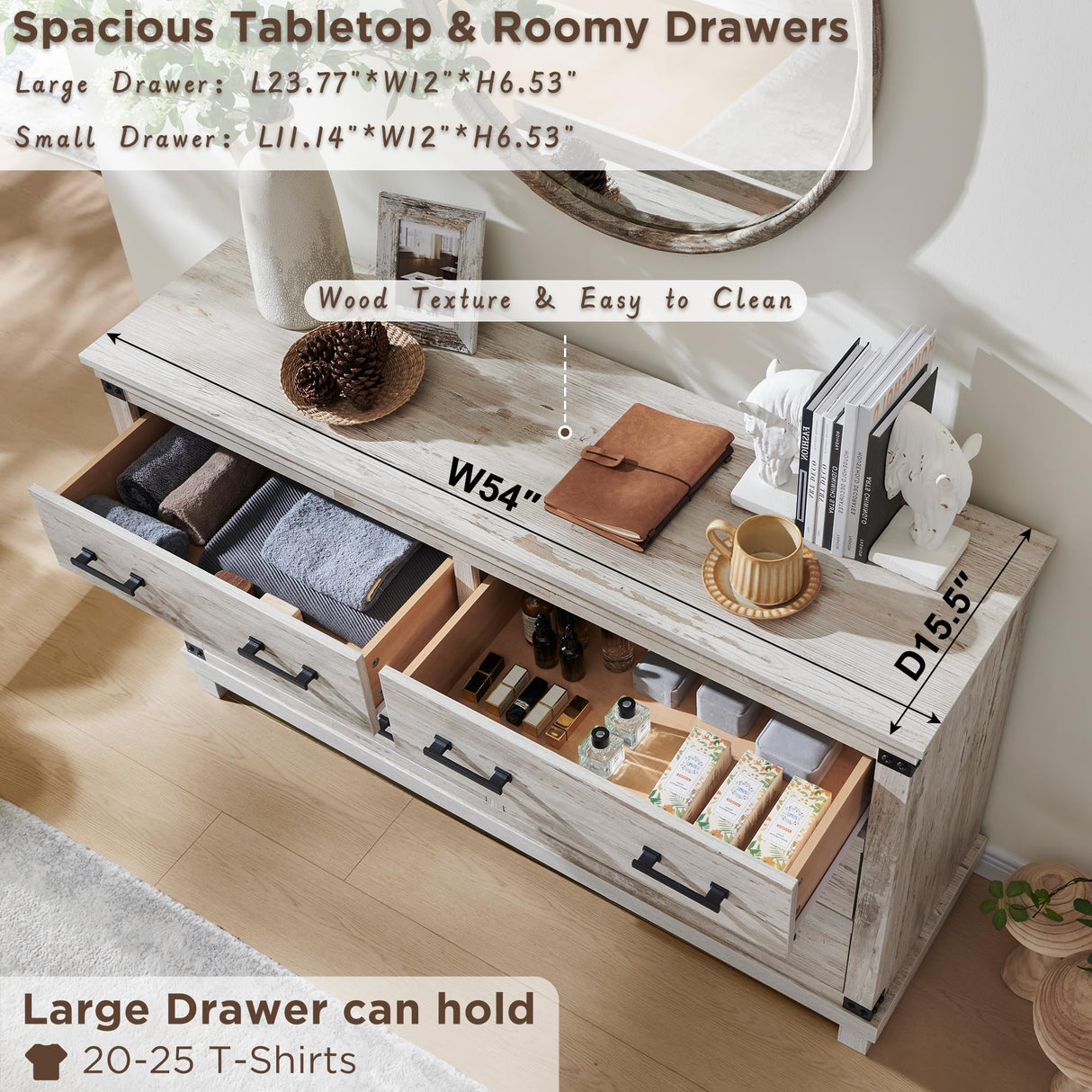 Farmhouse 7 Drawer Dresser for Bedroom - Wood Large Dressers & Chests of Drawers for Closet, 54 Inch Wide Dresser TV Stand with Storage for Bedroom, Living Room, Antique Brush White RedLemon