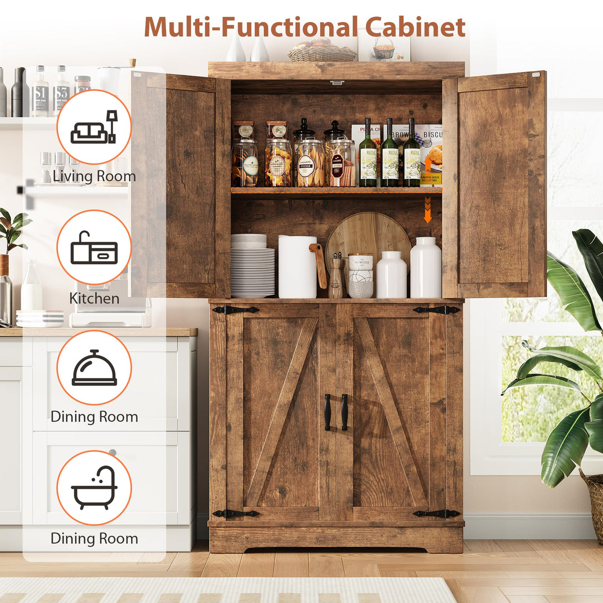 Jocoevol Pantry Cabinet, 68'' Kitchen Pantry Storage Cabinet with 4 Doors and Adjustable Shelves, Farmhouse Tall Food Large Wood Pantry Storage Furniture for Kitchen Dining Room, Brown Jocoevol