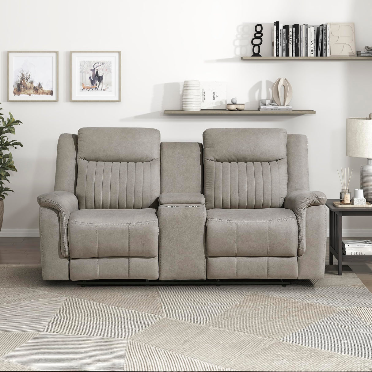 Lexicon Manual Double Reclining Loveseat, Polished Microfiber Manual Wall Hugger Loveseat Recliner for Living Room, Center Storage Console/Cup Holders, Easy Assembly, Dove Lexicon