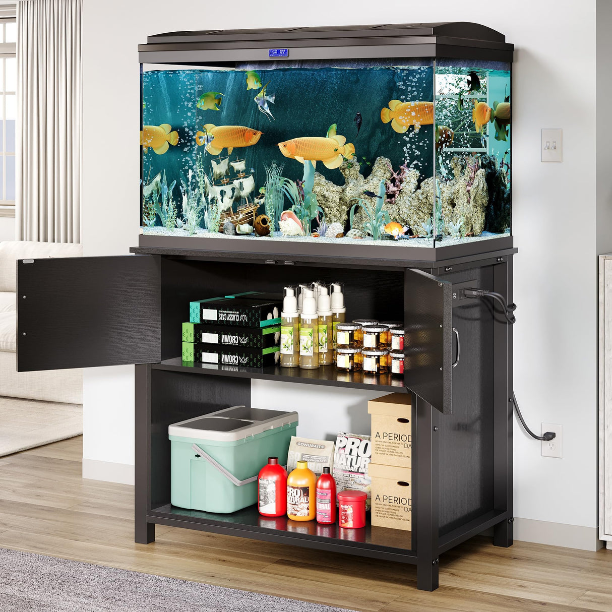 GRUSIGN 40-50 Gallon Fish Tank Stand with Power Outlets, Double Fish Tank Stand Table with Cabinet, 660LBS Capacity Heavy Duty Metal Aquarium Stand GRUSIGN
