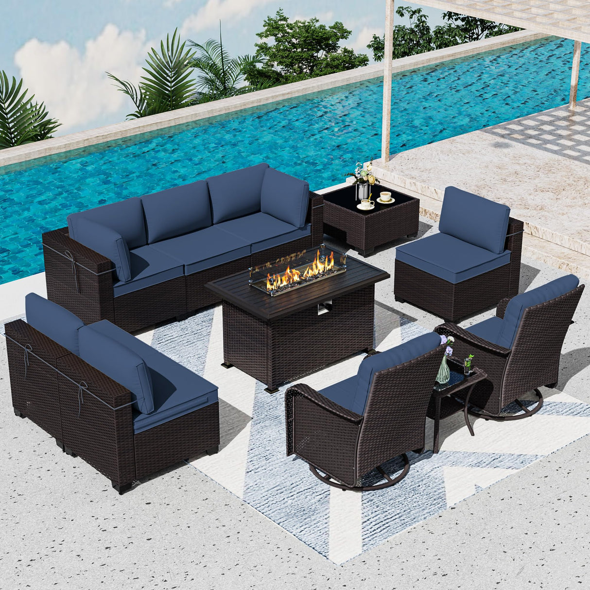 ASJMR 11 Pieces Patio Furniture Set with 2 Swivel Chairs Patio Furniture Outdoor Sectional Sofas with 55000 Gas Fire Pit Patio Conversation Set w/7 Cushions ASJMR