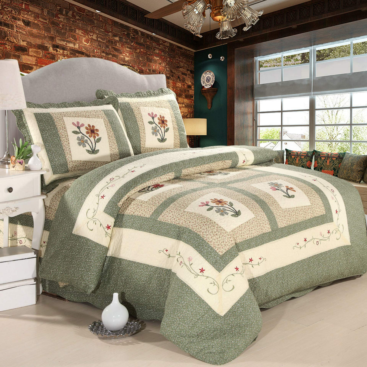 vctops Farmhouse Green 3 Piece Embroidered Floral Quilted Bedspread Quilt Set 100% Cotton Reversible Patchwork Coverlet Set 1 Quilt and 2 Pillow Shams (Green,King) vctops