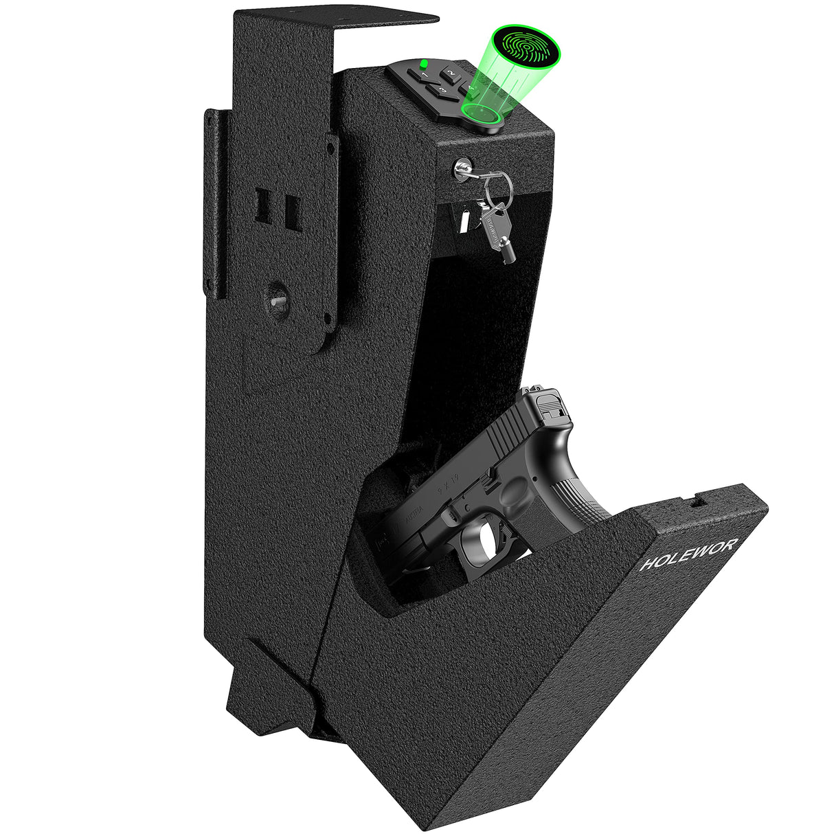 HOLEWOR Gun Safe, Biometric Gun Safe for Handgun Drop Down Pistol Safe Mounted Single Handgun Safe with Fingerprint, Passcode, Key Access for Nightstand, Desk, Bedside HOLEWOR