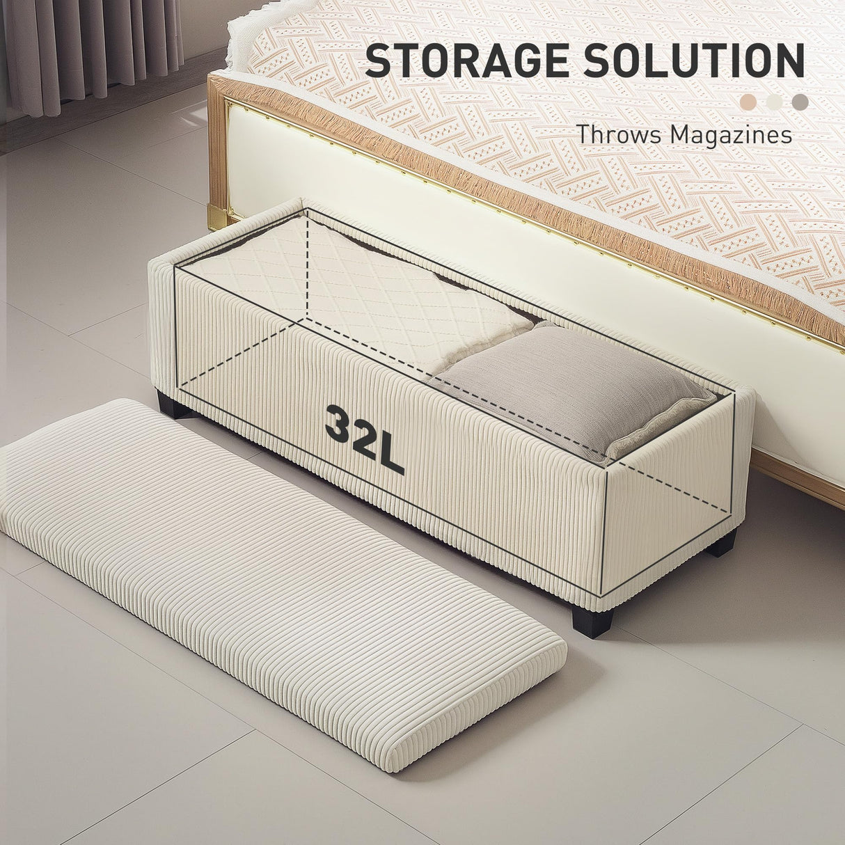 HOMCOM 44 Inches Storage Ottoman Bench, Foot Rest with Removable Lid, Legs, End of Bed Bench, Corduroy Storage Chest, Padded Seat, for Living Room, Bedroom, Entryway, Beige HOMCOM