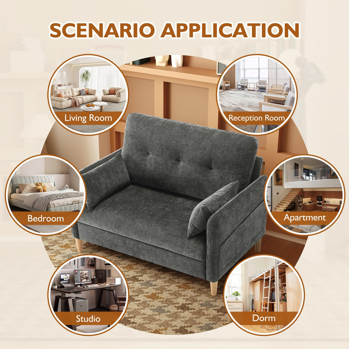 Urhanherry 47" Small Sofa Couch for Bedroom, Soft Chenille loveseat Mini Couch with Throw Pillow and Removable Cushion Cover for Small Spaces, Living Room, Apartment, Dorm, Office(Dark Grey) Urhanherry