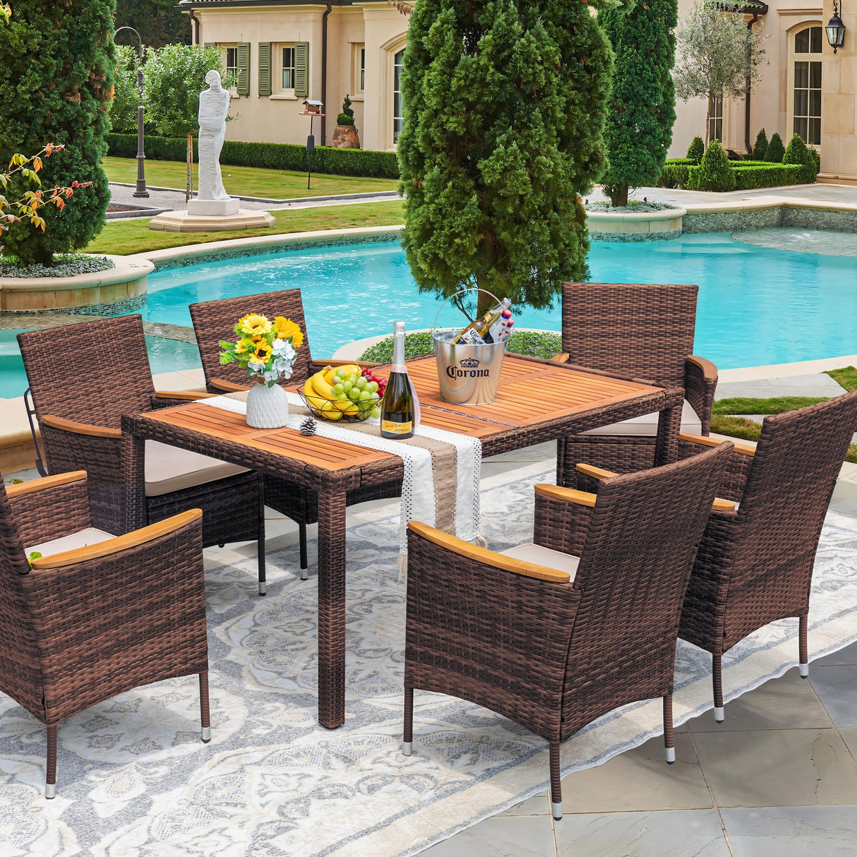 Devoko Dining 7 PCS Furniture, Patio Conversation Set with Acacia Wood Table Top, Outdoor, Beige Cushion and Brown Rattan Devoko