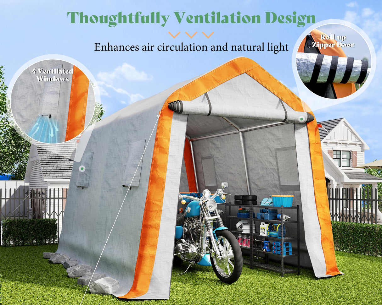 AMERLIFE 8x10x8 FT Heavy Duty Portable Shed Storage Shelter, Outdoor Storage Shed with 4 Waterproof Windows & Roll-up Zipper Door, Carport for Motorcycle, Bike, Grey AMERLIFE