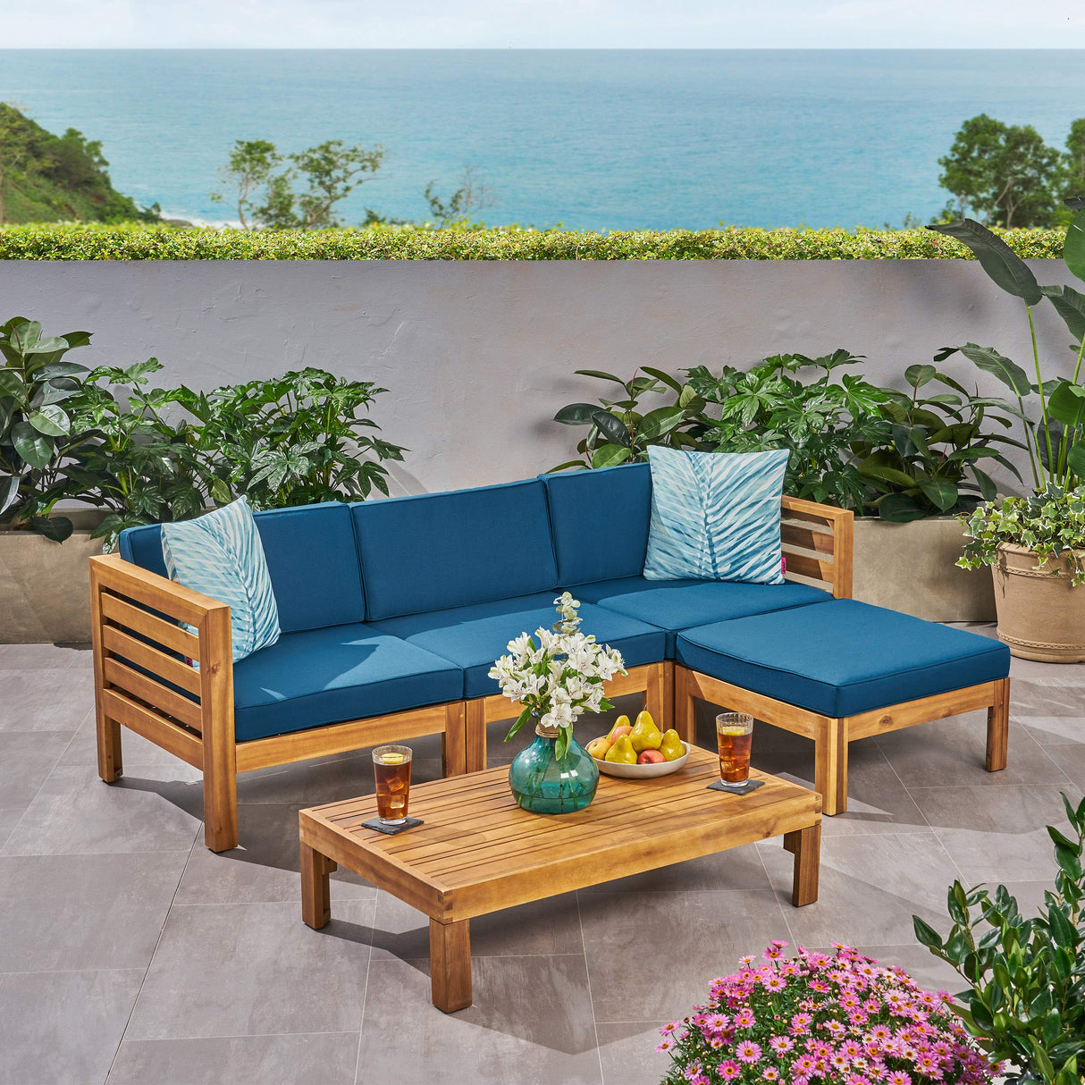 Christopher Knight Home Alice Outdoor 5 Piece Acacia Wood Sofa Set, Teak Finish, Dark Teal Christopher Knight Home