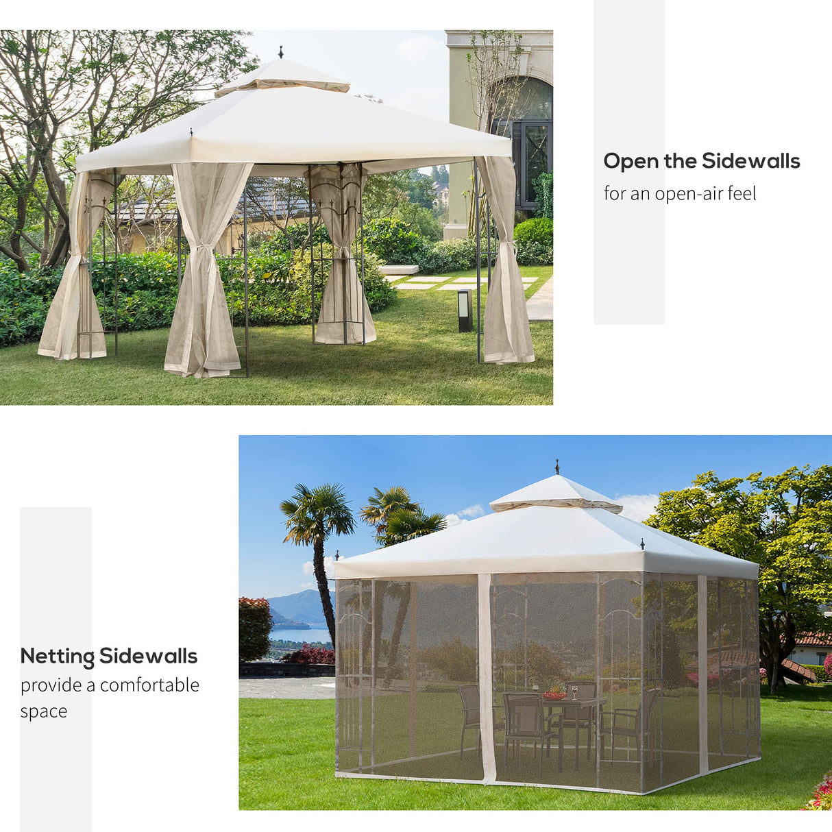 Outsunny 10' x 10' Patio Gazebo with Corner Frame Shelves, Double Roof Outdoor Gazebo Canopy Shelter with Netting for Patio, Wedding, Catering & Events, Cream White Outsunny