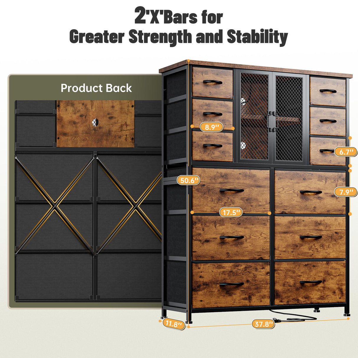 EnHomee Tall Dresser for Bedroom with 12 Drawer Dressers & Chests of Drawers for Closet with Power Outlets & LED Lights Large Dresser Organizer for Bedroom with Mesh Door, Rustic Brown EnHomee