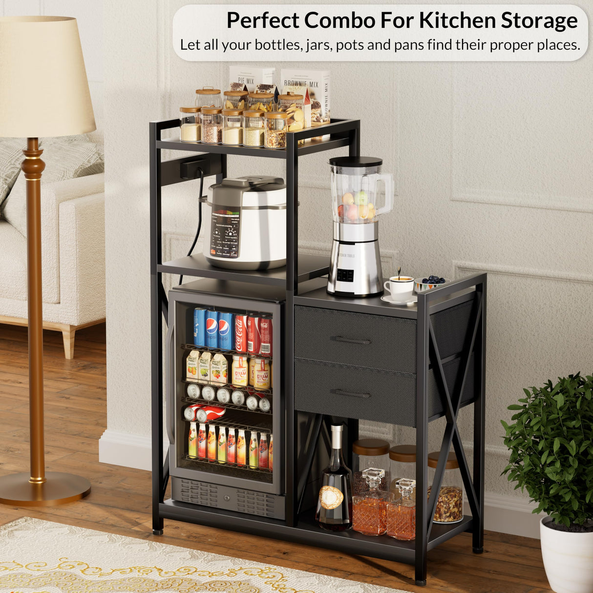 Unihouse Bakers Rack With Power Outlets,Fridge Stand With Storage Shelves And Drawers,Bakers Rack For Kitchen/Office/Study,Microwave Stand For Beans, Spices, Seasoning, Beverages,Wine Glasses,Black Unihouse