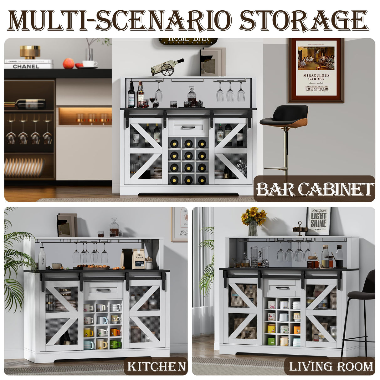 Wine Bar Cabinet with LED Strip, 48" Farmhouse Wine Cabinet with 12 Wine Racks and Power Outlet, Sliding Barn Door, Liquor Cabinet with Adjustable Shelf for Dining, Living Room wanan