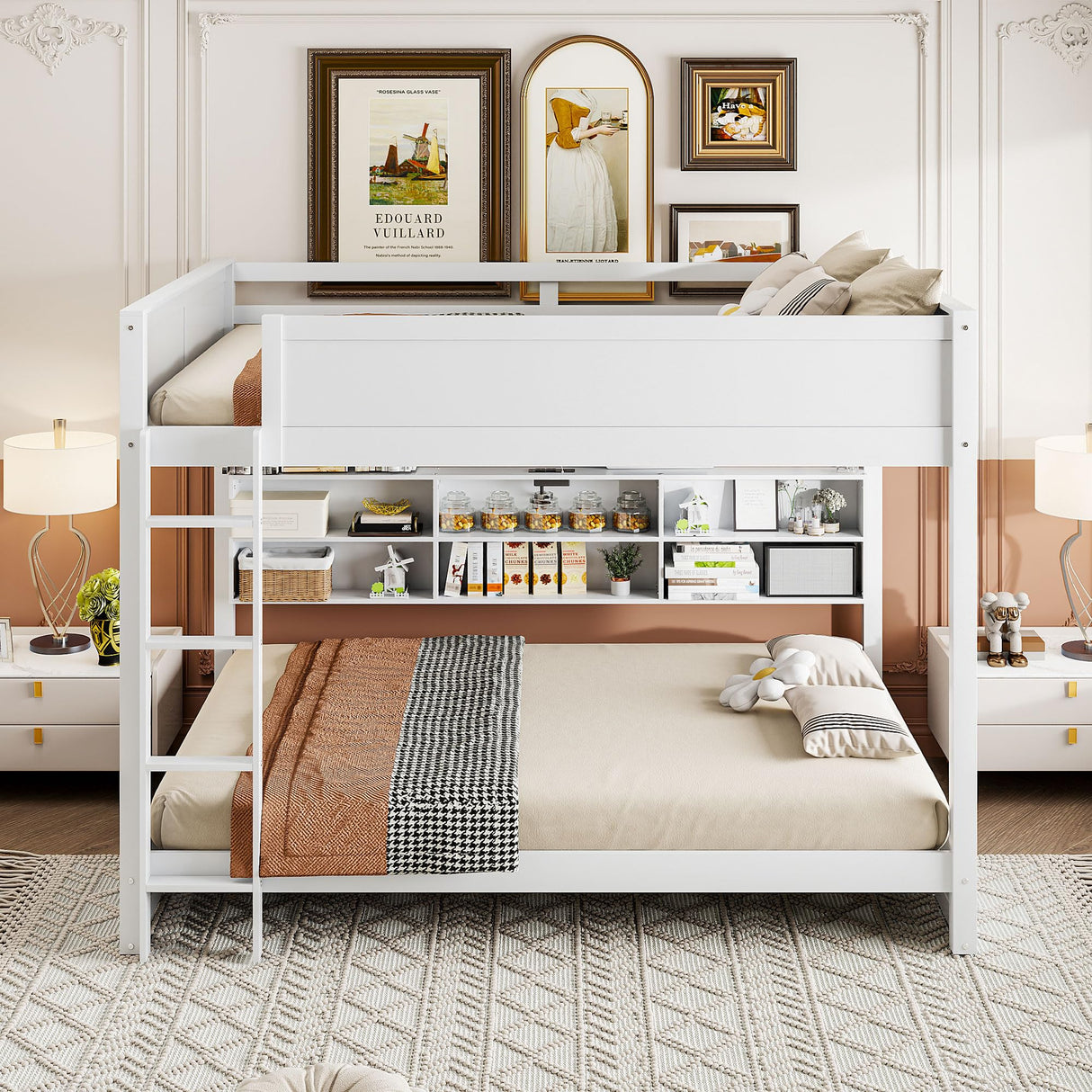 SOFTSEA Queen Over Queen Bunk Bed with Storage, Modern Queen Size Bunk Beds with Storage Bookcase and USB Ports for Kids Teens Adults, Wood Bunk Bed with Guardrail and Ladder, White SOFTSEA