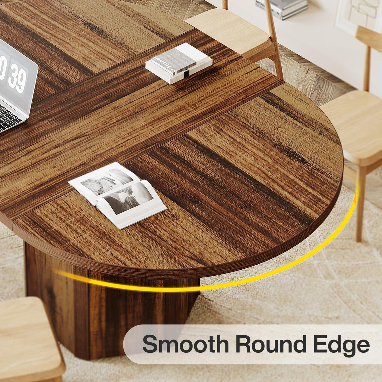 Tribesigns 55.12 Inches Oval Conference Table, Rustic Wood Conference Meeting Room Table for 4-6 People, Small Seminar Table with Polygon Shaped Base for Break Room Office, Large Office Desk, Brown Tribesigns