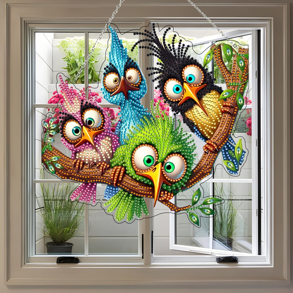 5D Diamond Art Hanging Kit for Adult,Special Shaped Rhinestone,Double Sided DIY Acrylic Diamond Art Painting Window Pendants Home Garden Wall Hanging Kits Hanging Ornament (Four Birds) JJFox