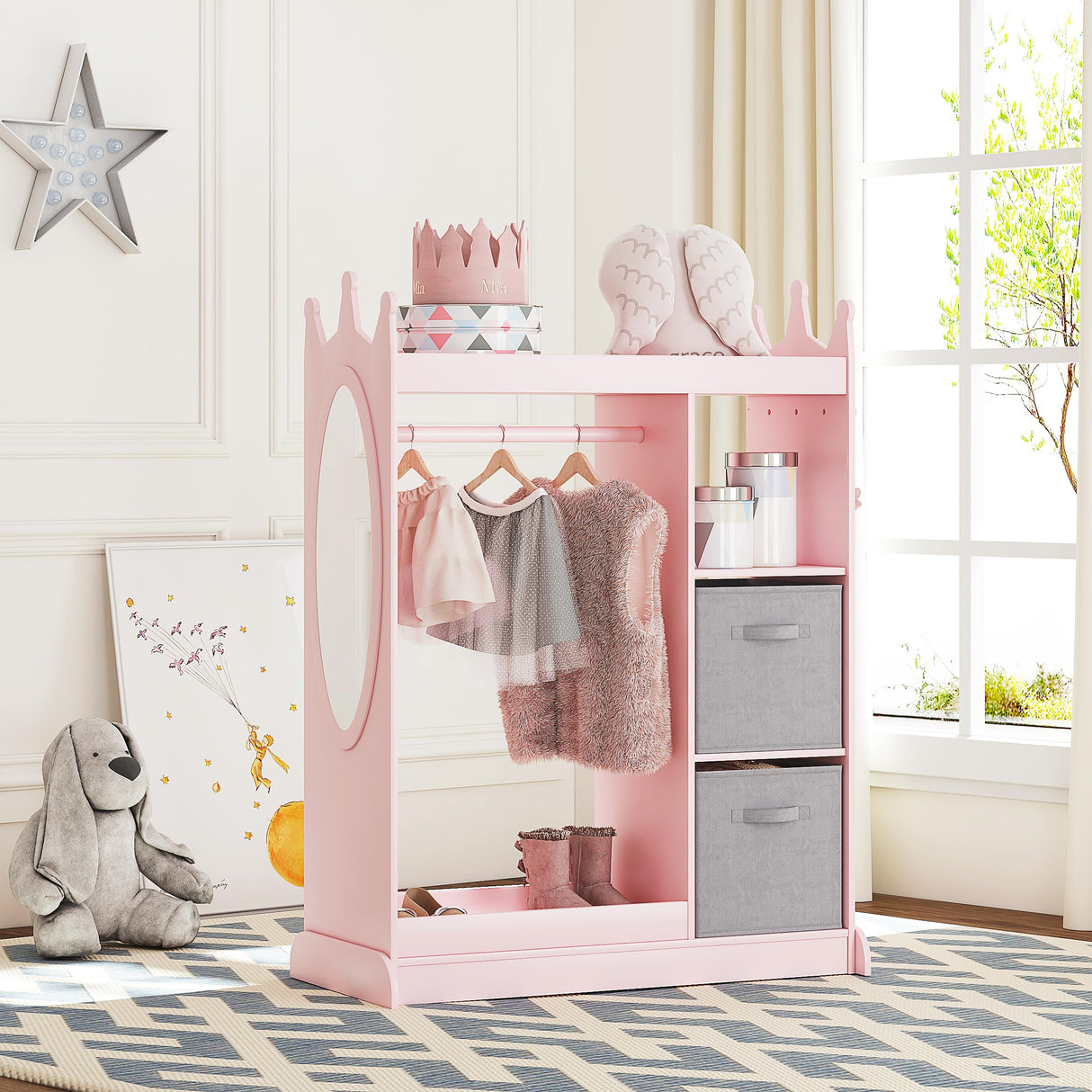 UTEX Kids Armoire Wardrobe Closet with Mirror and Storage Bin, Pink, 33.4 in W x 15.75 in D x 44.5 in H UTEX