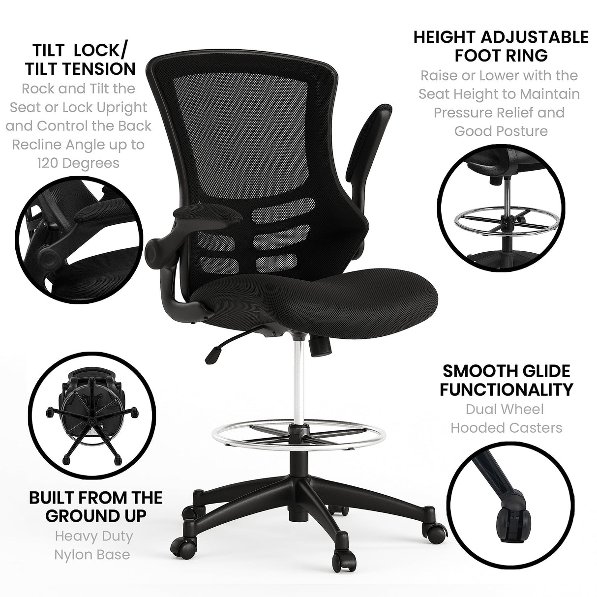 Flash Furniture Kelista Mid-Back Swivel Office Chair with Adjustable Seat Height, Ergonomic Mesh Desk Chair with Flip-Up Armrests, Black Flash Furniture