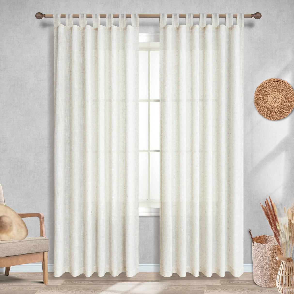 Farmhouse Linen Curtains - 84 Inch Length, 2 Panels Set, Tab Top Semi Sheer Light Filtering Country Boho Curtains for Living Room, Bedroom, Nursery, 52x84 Inches, Neutral Cream KOUFALL