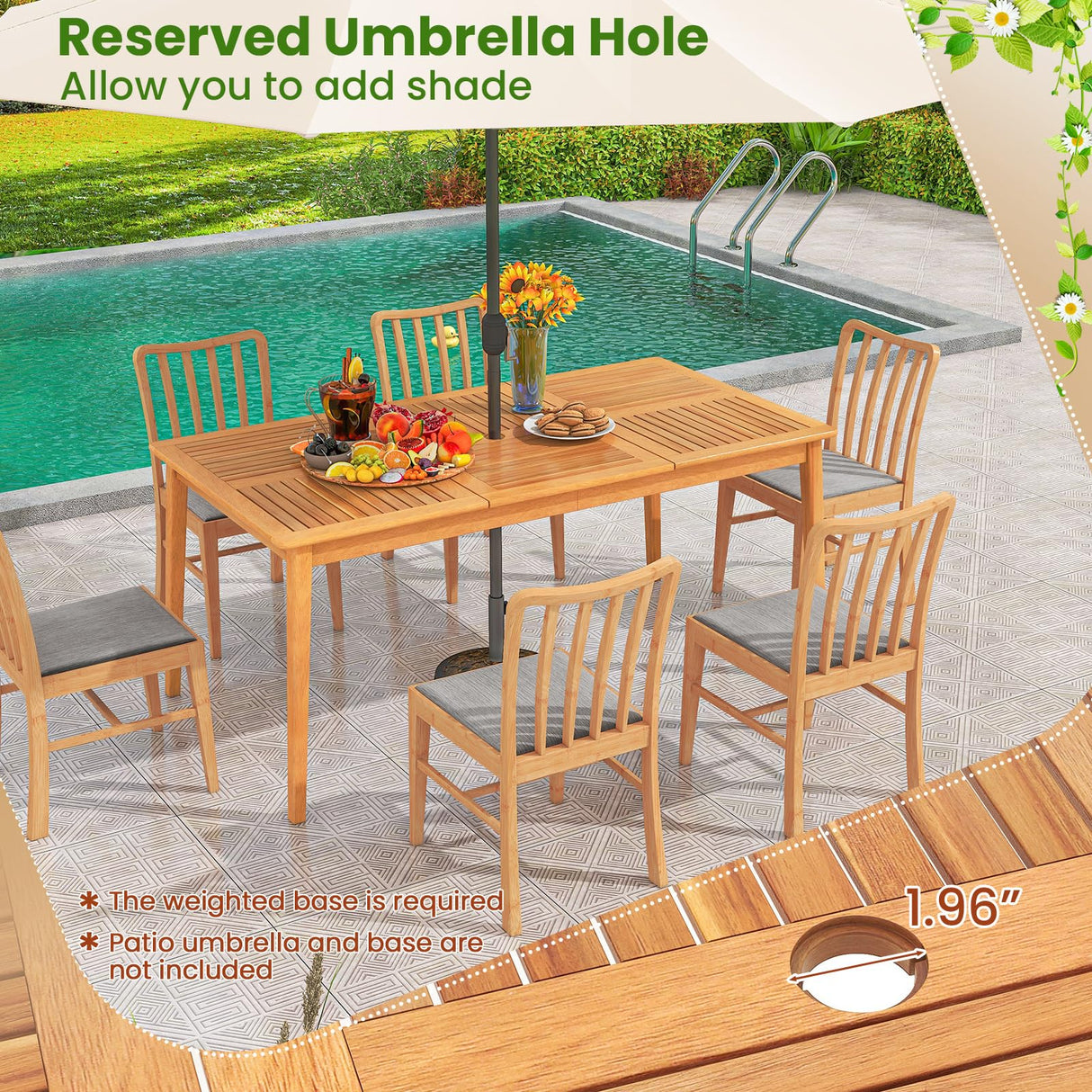 Tangkula 7 Piece Patio Wood Dining Set with Umbrella Hole, Outdoor Rectangle Acacia Table and Cushioned Chairs with Heavy Duty Metal Frame, for Front Porch, Yard, Balcony Tangkula