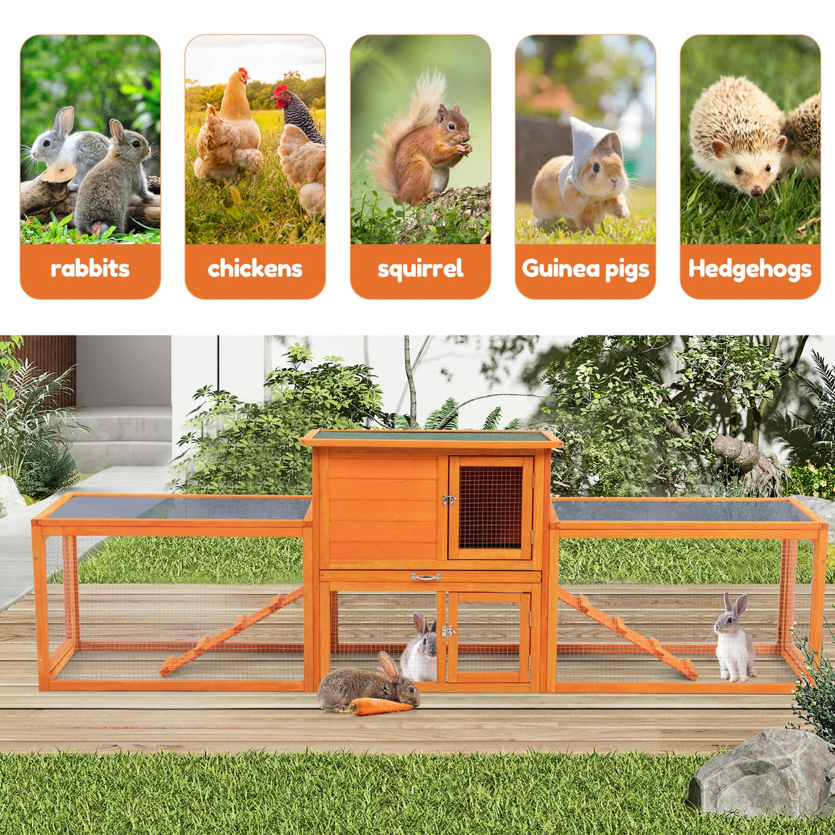COZIWOW Extra Large Rabbit Hutch Bunny Cage Outdoor Indoor, 2-Story 94.5”L Wooden Bunny Hutch for 2 Rabbits, Big Rabbit Cage with Cleaning Tray & Waterproof Roof & Runs (Orange) COZIWOW