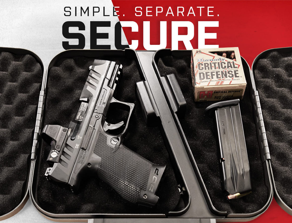 Hornady Dual-Lid Gun Lock Box - Two Compartment Portable Lock Box with Separate Lid and Lock - This Small Gun Safe Stores Handguns and Ammo Separately - Measures 11 x 10 x 2 Inches - Item 95229 Hornady