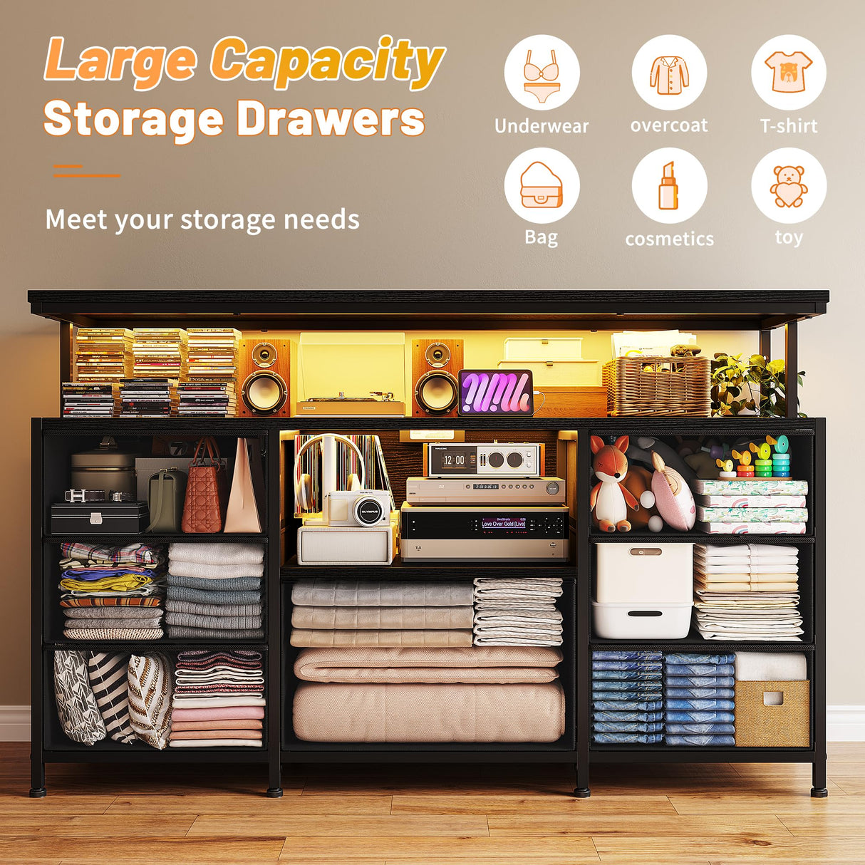 EnHomee Dresser TV Stand for Bedroom with LED Lights & power outlets for 55" TV Stand Dresser for Bedroom Entertainment Center with 7 Fabric Drawers and Wood Shelves for Living Room, Black EnHomee