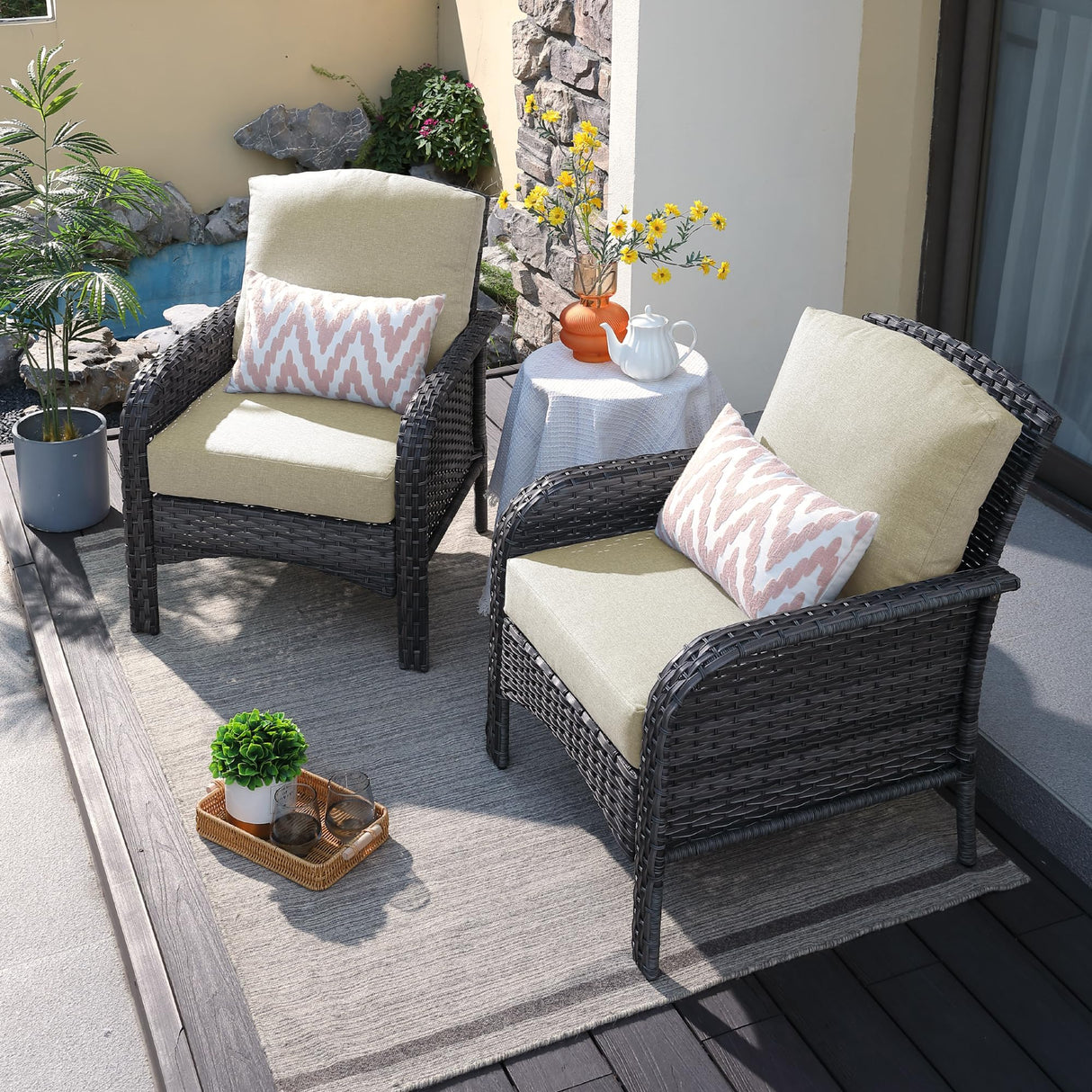 ovios 2 Pieces Patio Furniture Set, Outdoor Wicker Chairs of 2, All Weather High Back Rattan Chairs 2 Seats with Comfy Cushions for Porch Deck, Beige ovios