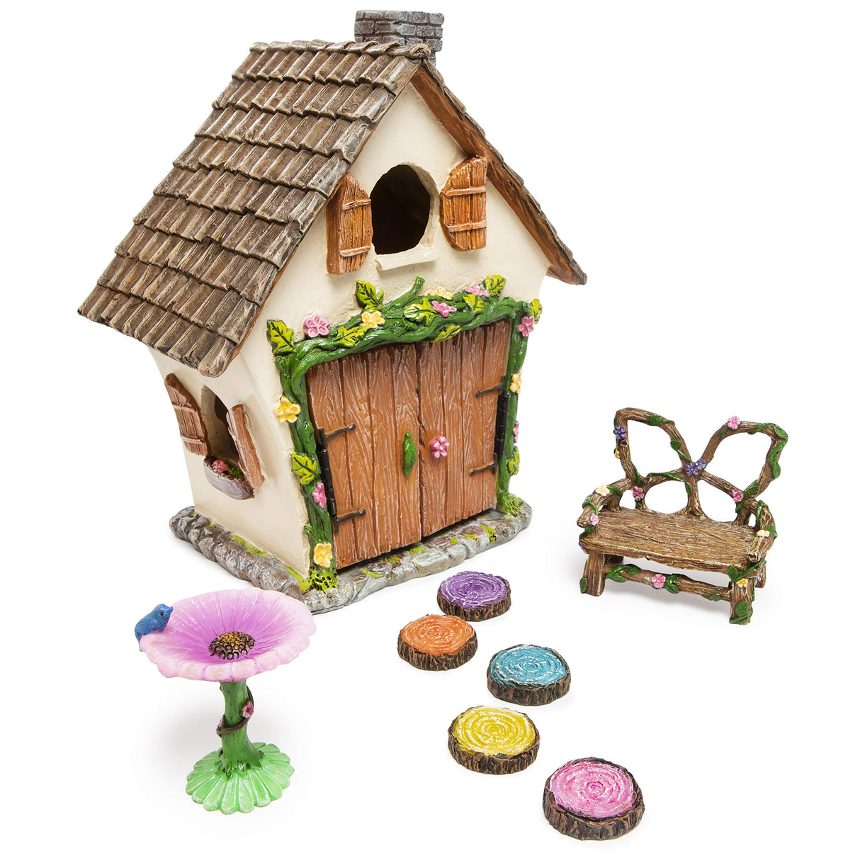 Meadow & Oak Fairy Garden House Kit - Complete with Fairy Garden Accessories, Butterly Seat, Bird Bath, Stepping Stones, Magnetic Door Closure for Indoor/Outdoor Fairy House Meadow & Oak