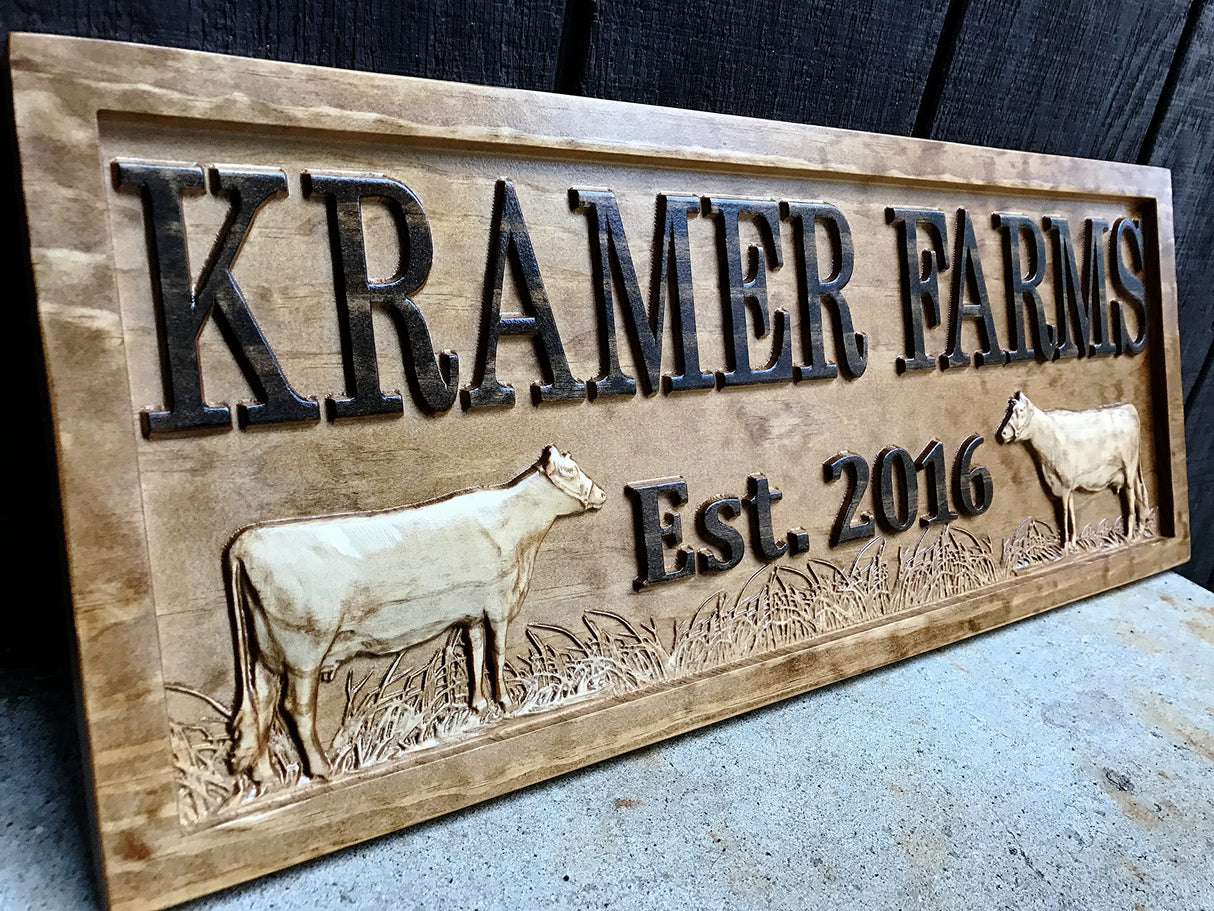 Personalized Farm Sign | Custom Farmhouse Decor | Wooden Farmer Gift | Wood Wall Family Name Sign | Established Cow Sign | Carved Farmhouse Sign | Cattle Decor | Outdoor Farm Sign 3D Woodworker