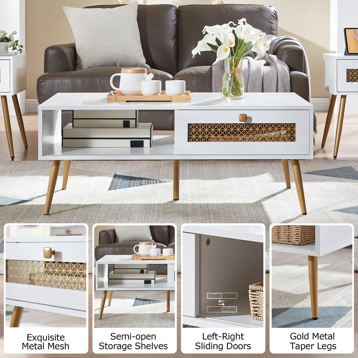 Wooden Mid Century Modern Coffee Table, Retangle Coffee Table with Sliding Door for Living Room, White KACVON