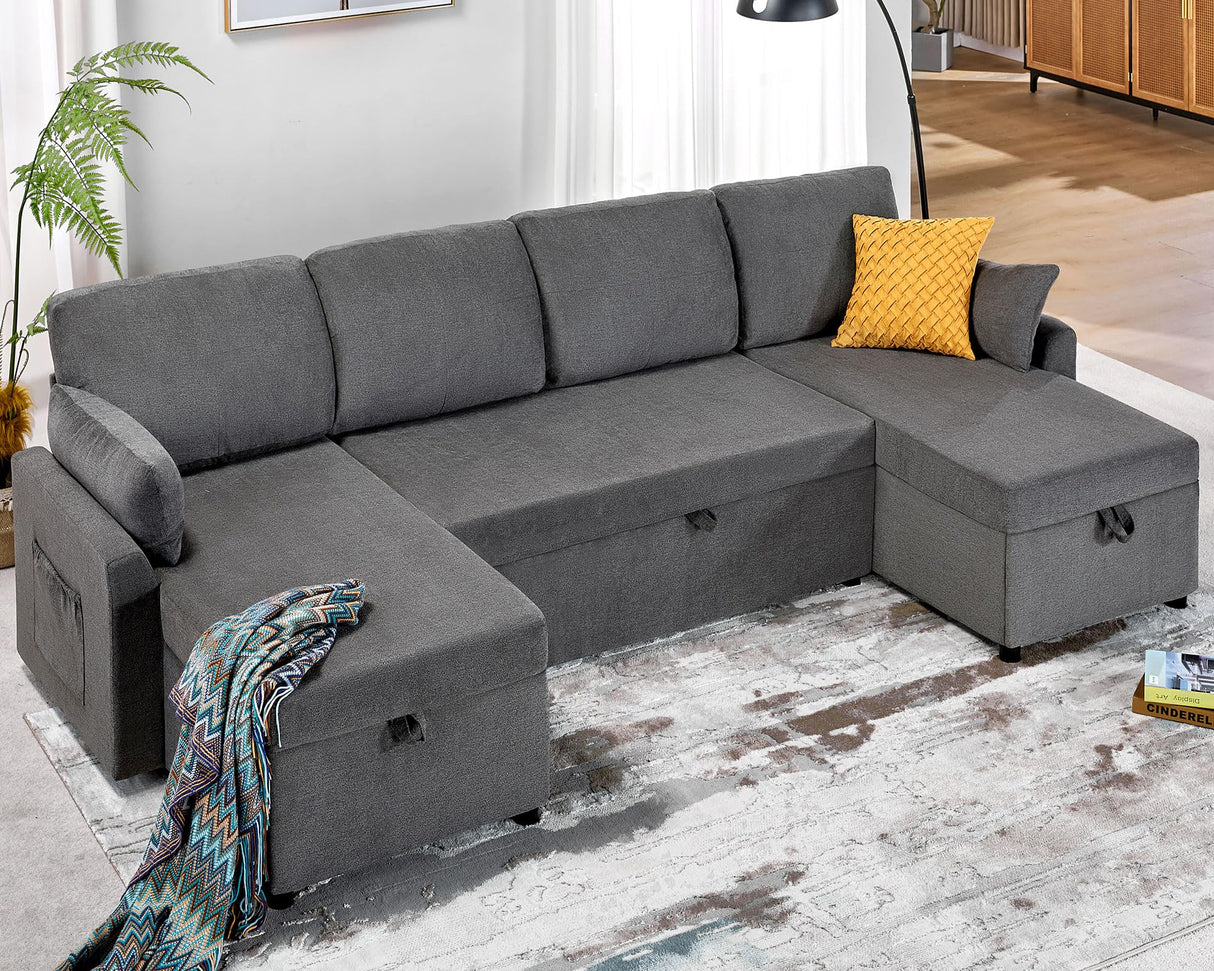 VanAcc Sleeper Sofa, 110 inch Oversize - 2 in 1 Pull Out Bed, Sectional Sleeper Sofa with Double Storage Chaise for Living Room, Grey Linen Couch VanAcc