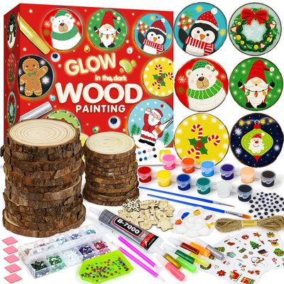 Bamamon Painting Crafts Kit for Kids, Glow in The Dark Arts & Crafts Set for Girls Boys Ages 4-12,Wood Slice Craft Creative Activities, Valentines Gifts Party Favors Toy for Kids (24Pcs)