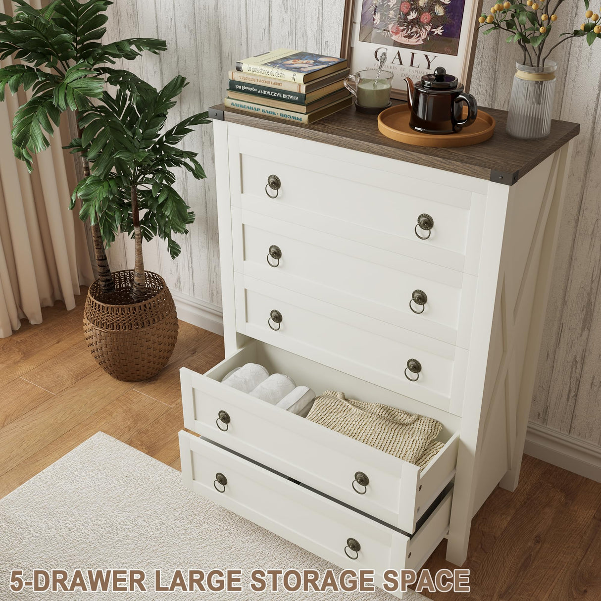 ChooChoo Farmhouse 5 Drawer Dresser, Tall Wood Dresser for Bedroom, Rustic Chest of Drawers, Storage Cabinet with Drawers for Living Room, Entryway, White ChooChoo