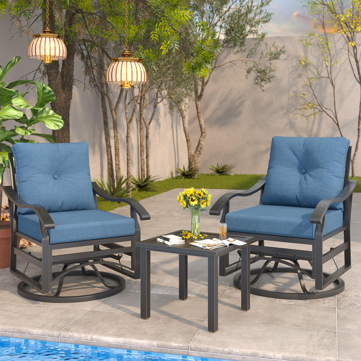 UDPATIO Outdoor Swivel Rocker Chairs, 3 Piece Metal Patio Rocking Chairs with Blue Padded Cushions Patio Bistro Furniture Set with Side Table for Porch Balcony Backyard, Blue UDPATIO