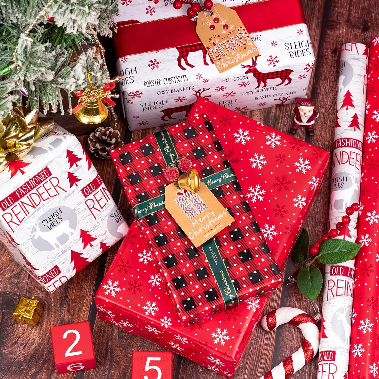 WRAPAHOLIC 30 Inch Christmas Wrapping Paper Roll - Jumbo Roll Rustic Holiday Woodland Scenes - Snowflake, Plaid, Reindeer - 4 Rolls - 30 Inch x 120 Inch Per Roll WRAPAHOLIC