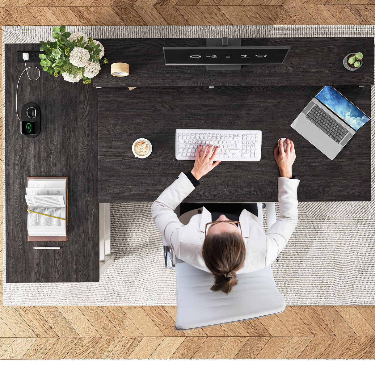 EnHomee 55" Computer Desk, L Shaped Desk with Drawers, Office Desk with Long Monitor Stand, Farmhouse Desk with Power Outlets & LED Lights, Home Office Desks for Bedroom with Storage Shelves EnHomee