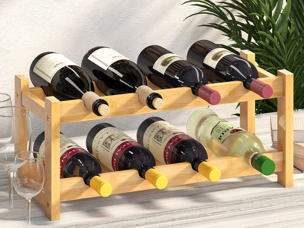 BAMEOS Wine Rack Free Standing 8 Bottle 2 Tier Bamboo Wine Racks Countertop Cabinet Wine Holder Wine Storage Shelf for Kitchen, Bar, Pantry, Wine Cellar, Basement, Countertop (16.85 L x 9.25W x 7H) BAMEOS