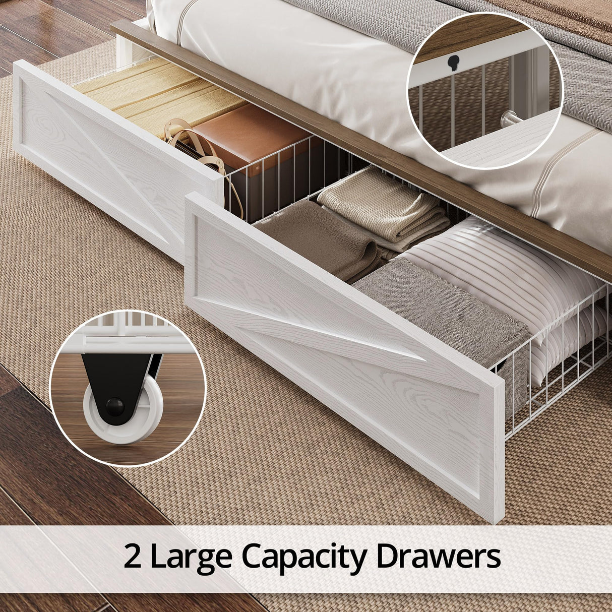 IRONCK Farmhouse King Size Bed Frame with LED Light and Charging Station, Wood Bed Frame with Storage Headboard and 2 Drawers, Barn Door Design, Sturdy and Noiseless, White IRONCK