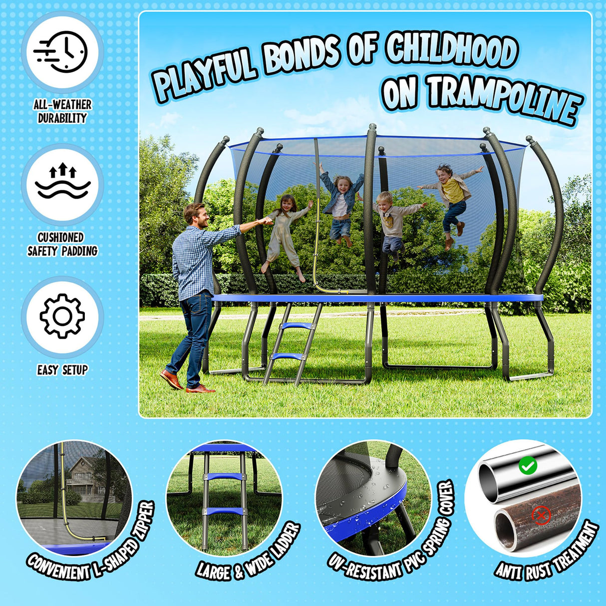 YUMPIE 8FT 10FT 12FT 14FT 16FT Trampoline with Pop-up Quick Connector, Trampoline Outdoor with Enclosure and Ladder, ASTM Approval for Kids and Adults YUMPIE