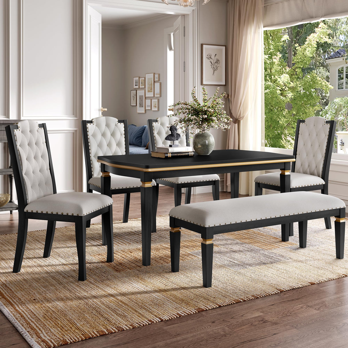 Merax 6-Piece Dining Table Set, 60" Solid Wood Rectangular Table with 4 Upholstered Chairs and 1 Bench, Modern Farmhouse for Kitchen Room, Black Merax