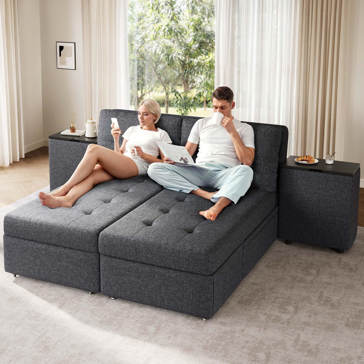 YITAHOME Queen Size Sleeper Sofa, 5-in-1 Convertible Sofa Bed Couch with 2 Storage Cabinets and USB Ports, 100" Sectioanl Sofa Couch with 2 Throw Pillow for Living Room, Grey Linen Fabric YITAHOME