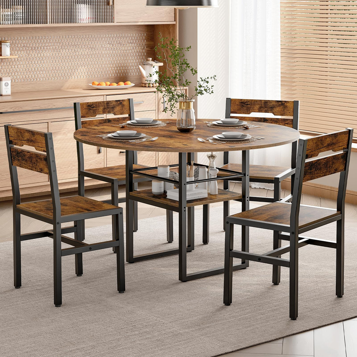 RALGEND Round Dining Table Set for 4, Circle Kitchen Table and 4 Chairs, 5 Piece Dining Table Set, with Wooden Tabletop and Widen Seat, Space Saving, for Dining Room, Rustic Brown and Black RALGEND