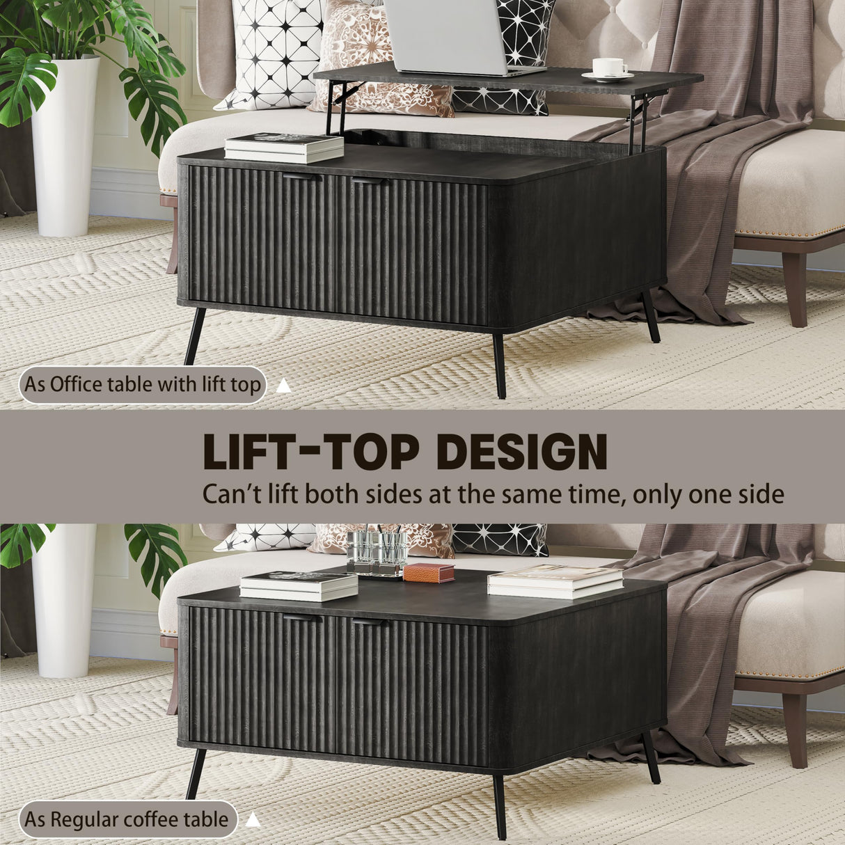 Fatmok Coffee Table, Lift Top Coffee Table for Living Room, 35.4" Square Coffee Table with Storage, Modern Fluted Center Table with Hidden Storage Compartment, Large Rustic Coffee Table, Black Fatmok