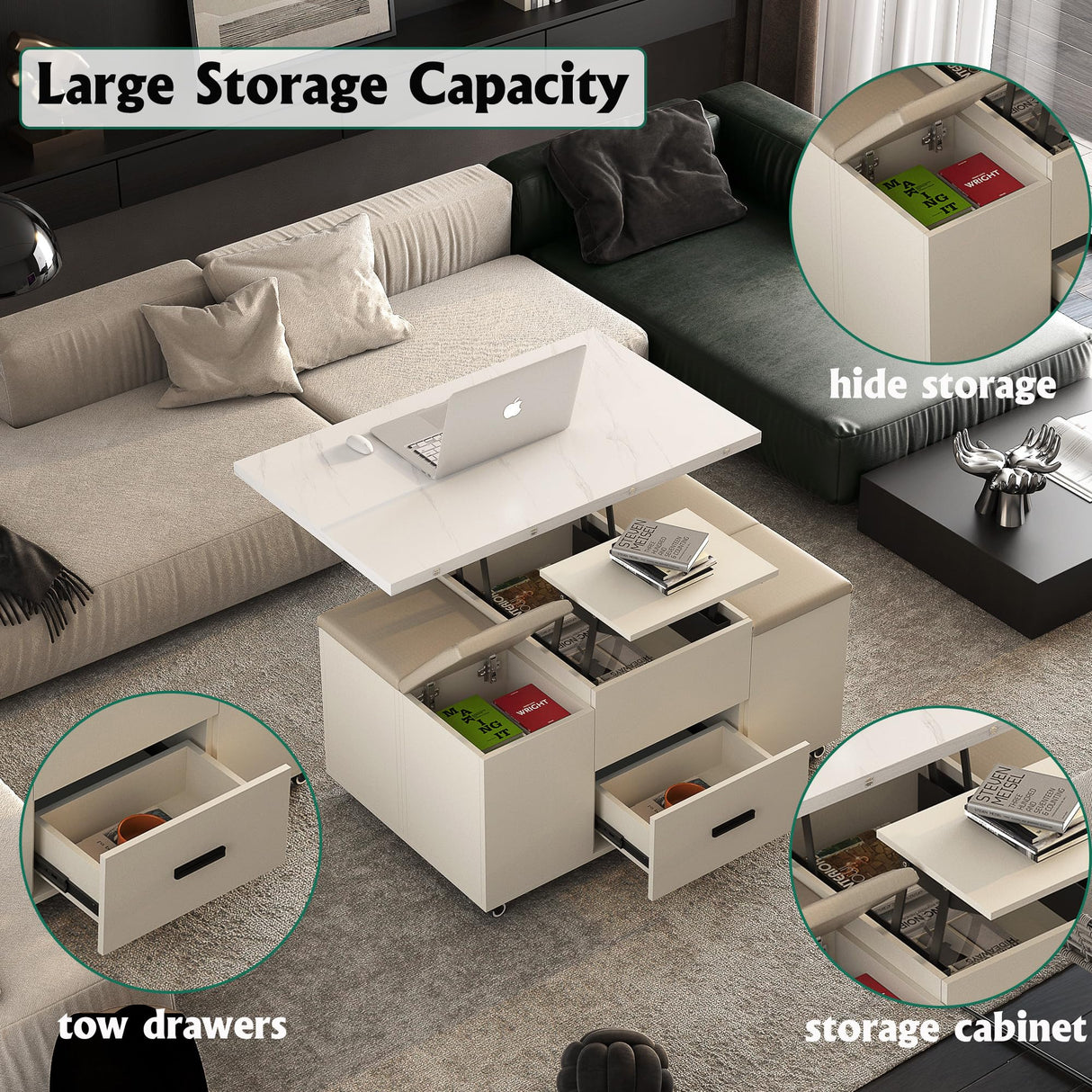 HEIGHYOXP Lift-Up Coffee Table with 4 Stools Set for Living Room Expandable 1 Hidden Storage + 2 Drawers Space Saving Folding Table HEIGHYOXP