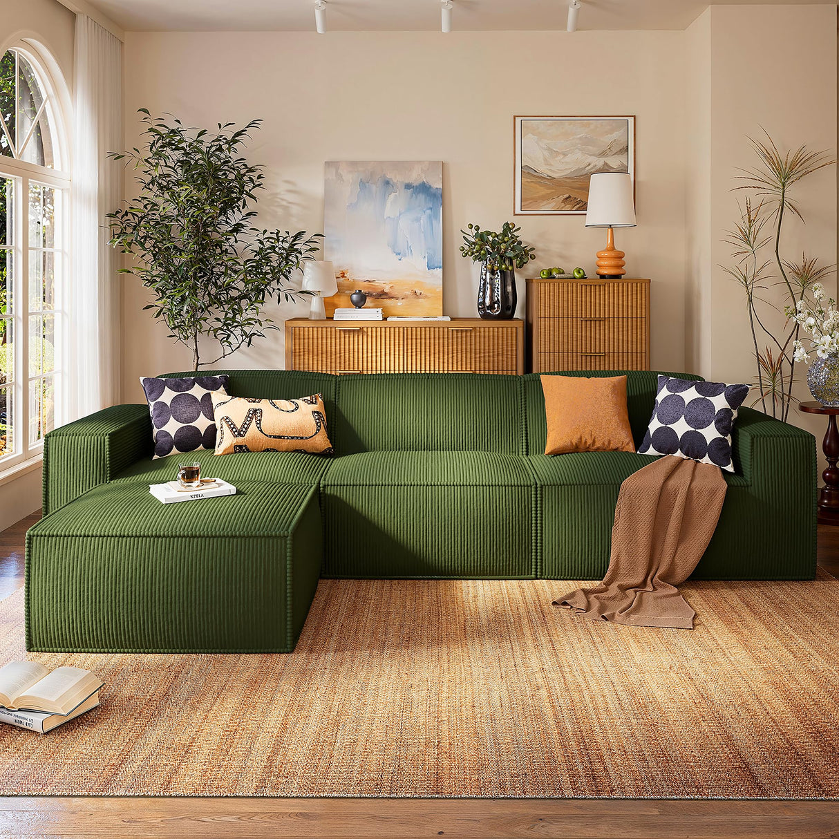 Marsail Modular Sectional Sofa, 111" L-Shaped Modular Sectional Couch with Deep Seat, Freely Combinable Sectional Clound Sofa for Living Room, No Assembly, Plush Corduroy Fabric, Green Marsail