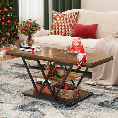 Espelism Coffee Table with Storage Industrial 3 Tier Center Living Room Table Farmhouse Wooden Rectangle Cocktail Rustic Tea Table for Office Bedroom(Brown)